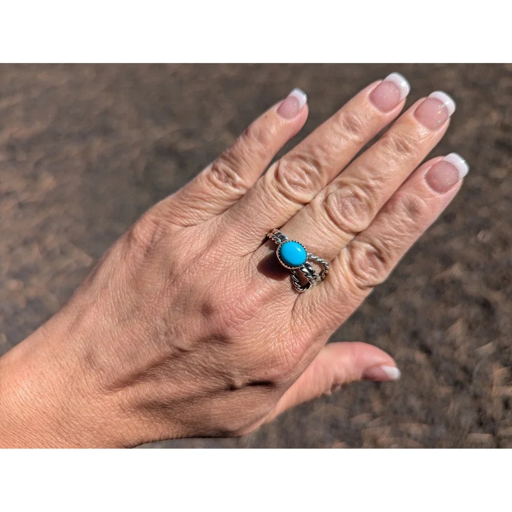 Navajo Turquoise Rope Lasso Sterling Silver Ring‎ Native Am Jewelry Sz 7.5US**